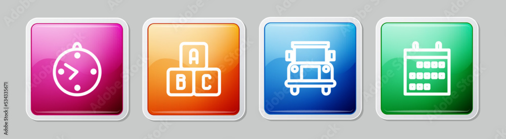 Poster set line clock, abc blocks, school bus and calendar. colorful square button. vector