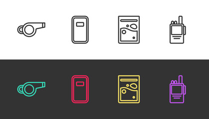 Set line Whistle, Police assault shield, Plastic bag of drug and Walkie talkie on black and white. Vector