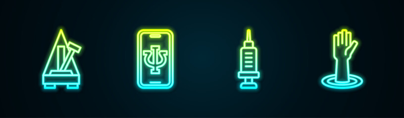 Set line Metronome with pendulum, Psychologist online, Addiction to the drug and Helping hand. Glowing neon icon. Vector