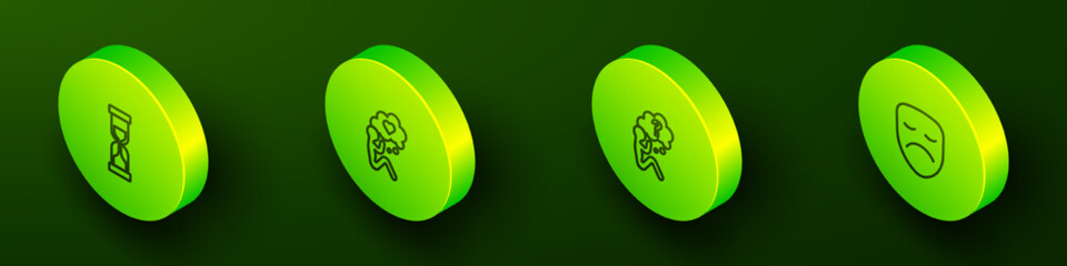 Set Isometric line Old hourglass, Head with heart, question mark and Drama theatrical mask icon. Vector