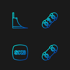 Set line Skateboard, , park and Broken skateboard. Gradient color icons. Vector
