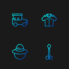 Set line Arrow, Camping hat, Safari car and Shirt. Gradient color icons. Vector