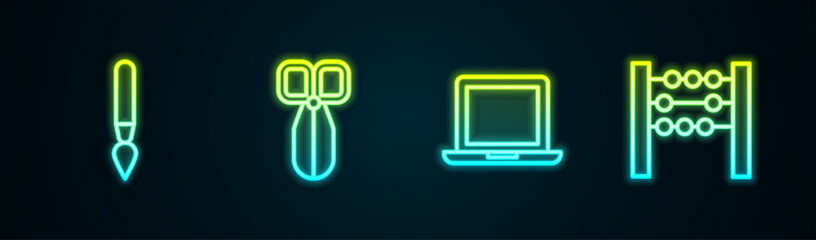 Set line Paint brush, Scissors, Laptop and Abacus. Glowing neon icon. Vector