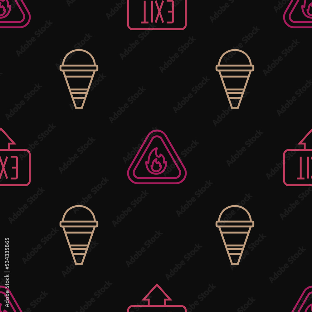Poster set line fire exit, cone bucket and flame in triangle on seamless pattern. vector