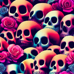 A repeatable, seamless pattern of Skulls, "Calavera de azucar" and roses. Can be used for wallpapers, cards, backgrounds etc.