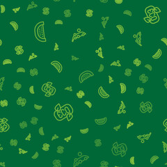 Set line Watermelon, Leaf Eco symbol and Peas on seamless pattern. Vector