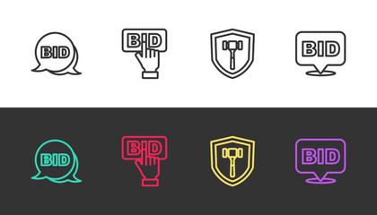 Set line Bid, Auction hammer and on black and white. Vector