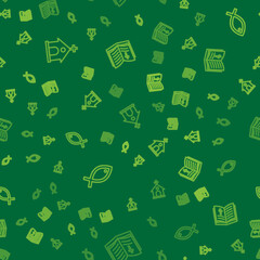 Set line Church building, Christian fish symbol and Holy bible book on seamless pattern. Vector