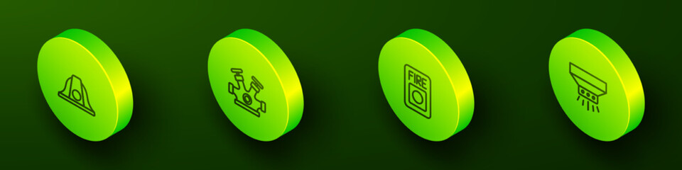 Set Isometric line Firefighter helmet, hydrant, alarm system and sprinkler icon. Vector
