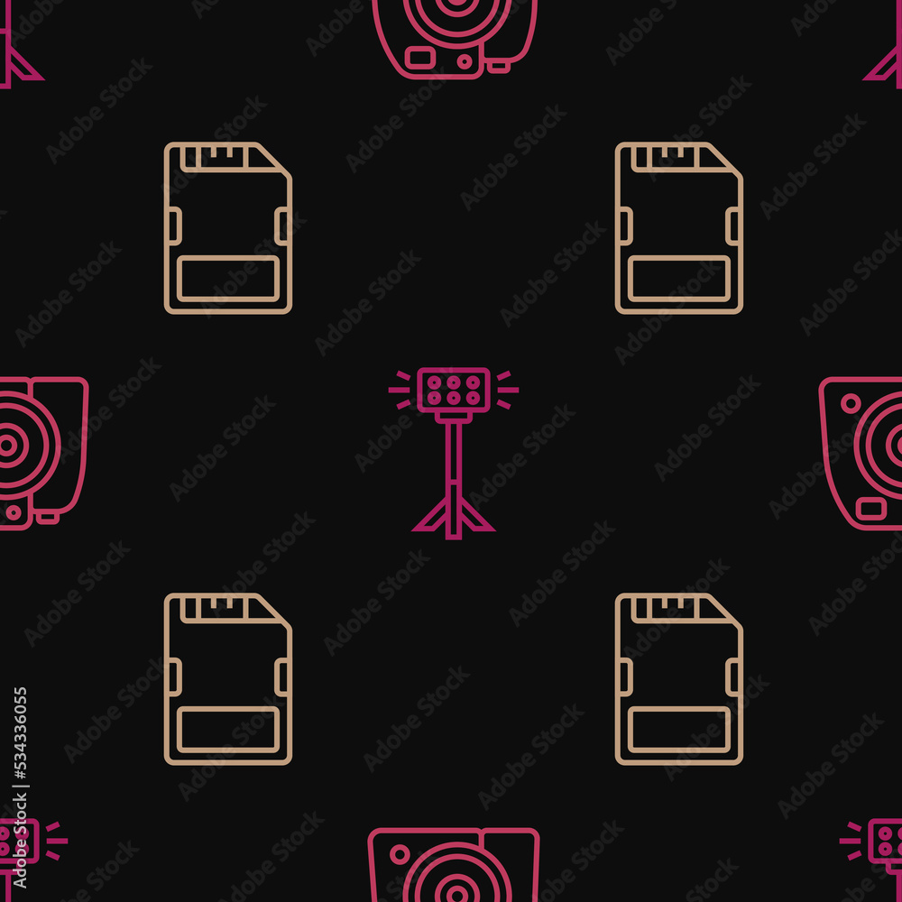 Poster set line photo camera, sd card and studio light bulb in softbox on seamless pattern. vector