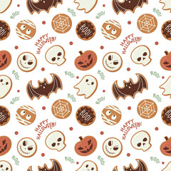 Seamless Halloween cookie pattern with the caption - Happy Halloween! and Boo! Cute vector illustration.