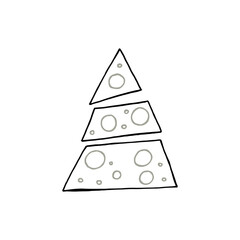 A hand-drawn christmas tree. Vector illustration in doodle style. Winter mood. Hello 2023. Merry Christmas and Happy New Year. Black and gray element on a white background.