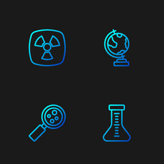 Set line Test tube, Microorganisms under magnifier, Radioactive and Earth globe. Gradient color icons. Vector