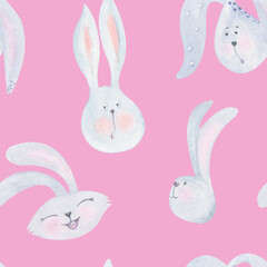 Seamless pattern with watercolor cute rabbits on a pale pink background. Trendy style for design of newborn girl's room, children's room, greeting card, wrapping paper