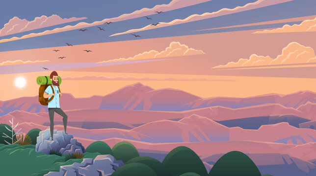 Man with backpack, traveller or explorer standing on top of mountain and looking on valley. Concept of discovery, exploration, hiking, adventure tourism and travel, Summer vacation. Around world