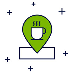 Filled outline Location with coffee cup icon isolated on white background. Vector