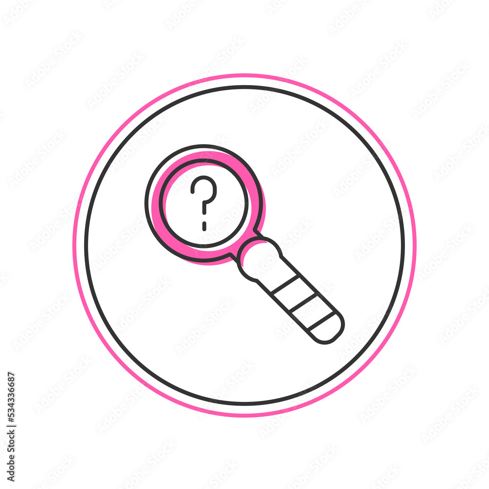 Poster filled outline unknown search icon isolated on white background. magnifying glass and question mark.