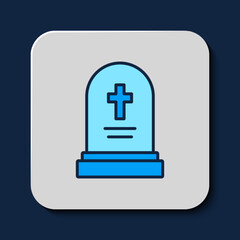 Filled outline Grave with tombstone icon isolated on blue background. Vector