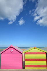 Holiday beach hut in Margate, Minnis bay, and Birchington. Blue sky and ocean. 
