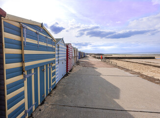 Holiday beach hut in Margate, Minnis bay, and Birchington. Blue sky and ocean. 