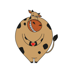 Cartoon cow with heart on white background. Design element. Isolated vector illustration.