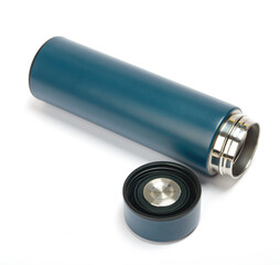 blue open thermos on white insulated background