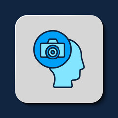 Filled outline Photo camera icon isolated on blue background. Foto camera. Digital photography. Vector