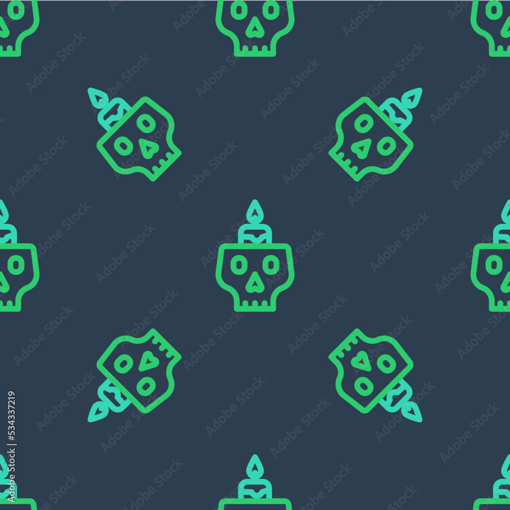 Wall mural line burning candle on a skull icon isolated seamless pattern on blue background. day of dead. vecto