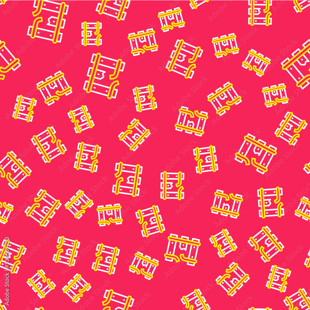 Poster line broken or cracked rails on a railway icon isolated seamless pattern on red background. vector