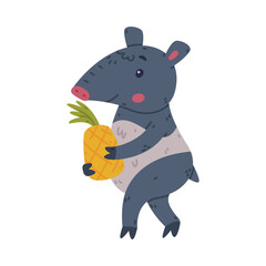 Cute Grey Tapir Animal with Proboscis Carrying Pineapple Fruit Vector Illustration