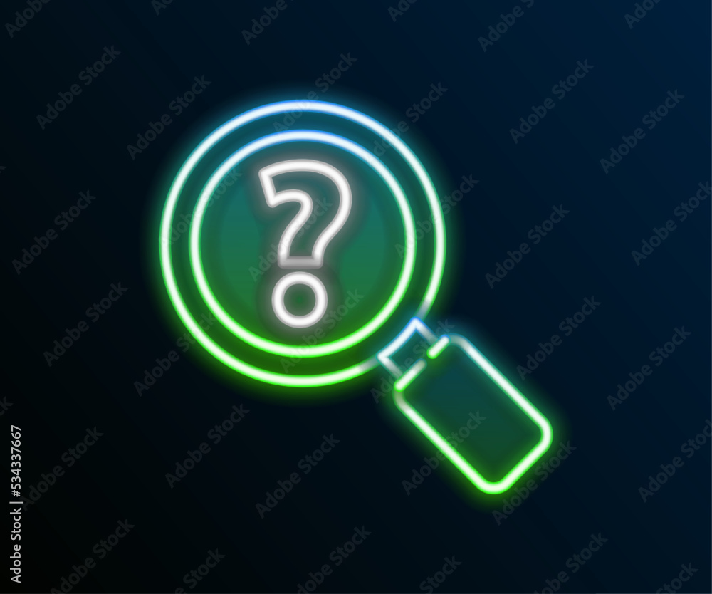Poster glowing neon line unknown search icon isolated on black background. magnifying glass and question ma