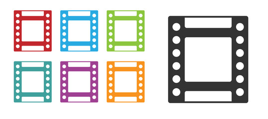 Black Camera vintage film roll cartridge icon isolated on white background. 35mm film canister. Filmstrip photographer equipment. Set icons colorful. Vector