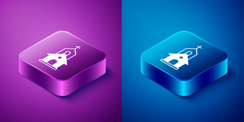 Isometric Church building icon isolated on blue and purple background. Christian Church. Religion of church. Square button. Vector