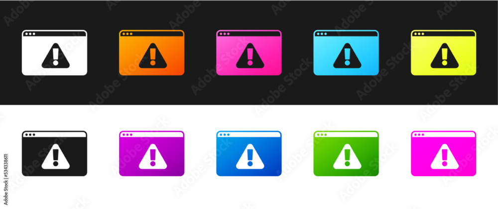 Poster set browser with exclamation mark icon isolated on black and white background. alert message smartph
