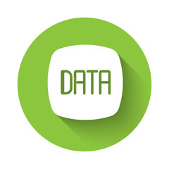 White Data analysis icon isolated with long shadow background. Business data analysis process, statistics. Charts and diagrams. Green circle button. Vector