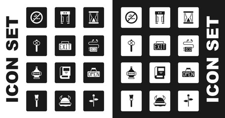 Set Old hourglass with sand, Exit sign, Stone age hammer, No Smoking, Museum audio guide, Metal detector, Hanging Open and Ancient amphorae icon. Vector