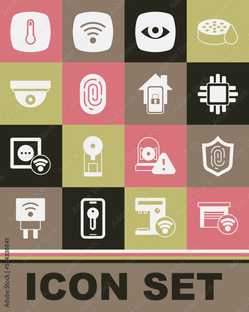 Poster set smart garage, fingerprint, processor with cpu, security camera, motion sensor, thermostat and mo