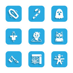 Set Zombie mask, Spider web, Voodoo doll, Owl bird, Wooden axe, Scarecrow, Ghost and Coffin with cross icon. Vector