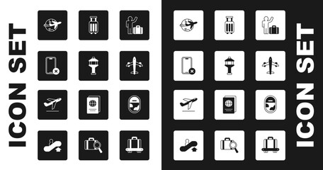 Set Tourist with suitcase, Airport control tower, No cell phone, Globe flying plane, Plane, Suitcase, Airplane window and takeoff icon. Vector