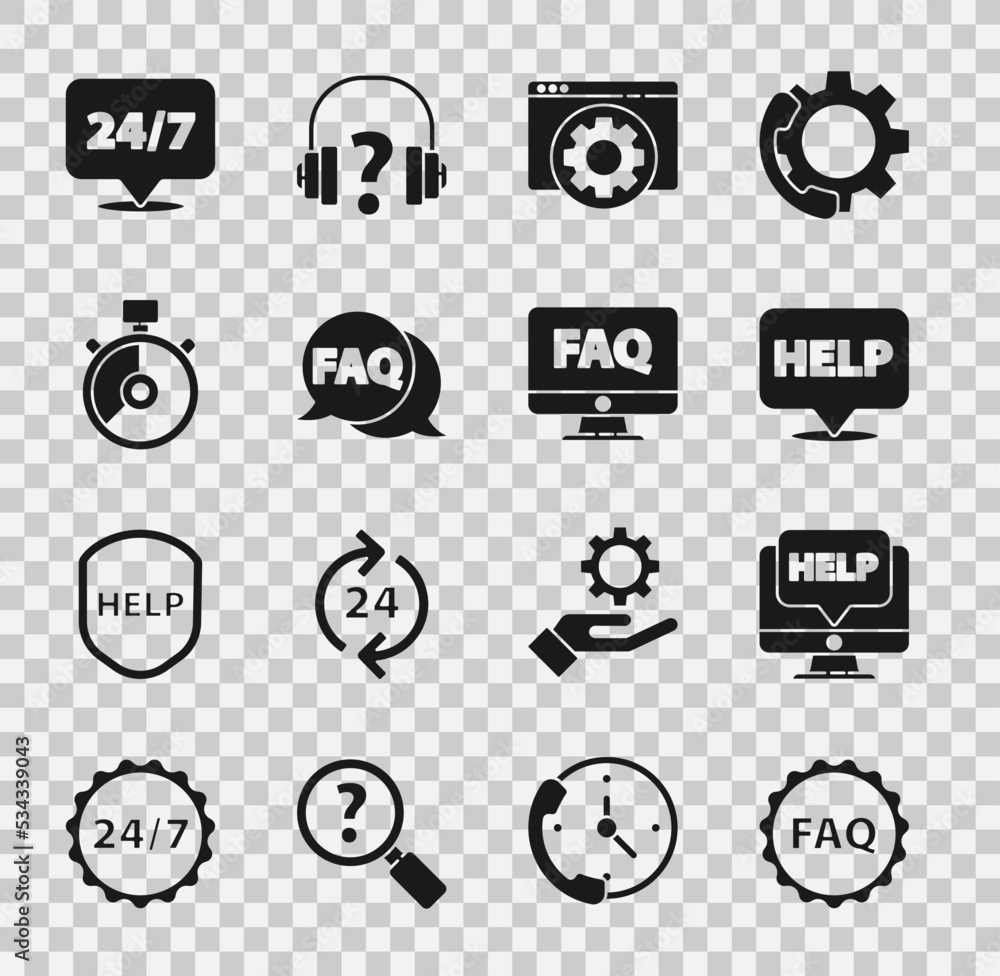 Poster set label with text faq, computer monitor and help, speech bubble help, browser setting, stopwatch, 