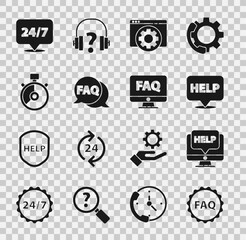 Set Label with text FAQ, Computer monitor and help, Speech bubble Help, Browser setting, Stopwatch, Clock 24 hours and icon. Vector