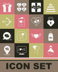 Set Bottle with love potion, Please do not disturb heart, Castle in the shape of, Gift box, Valentines day flyer, Bow and arrow, and Healed broken or divorce icon. Vector