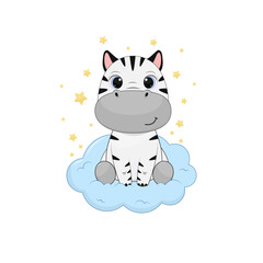 Cartoon zebra sits on a blue cloud. Vector illustration for design and print