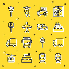 Set line Train and railway, Delivery cargo truck, Cruise ship, Tractor, Plane, Parking, Road traffic signpost and Minibus icon. Vector