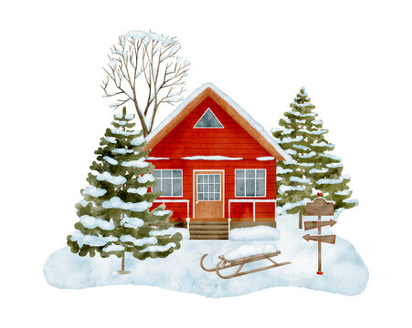 Watercolor winter house landscape. Hand drawn wood cottage in the woods with sledge and snowy fir trees isolated on white background. Christmas illustration. Cute red cabin for cards, design.