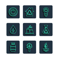 Set line Propane gas tank, Wind turbine, Earth globe and leaf, Light bulb with lightning, Factory, Water energy, Power button and Garbage bag recycle icon. Vector