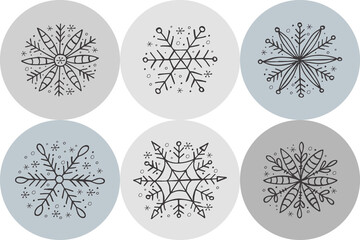 A set of hand-drawn snowflakes. Vector illustration in doodle style. Winter mood. Hello 2023. Merry Christmas and Happy New Year. Gray elements on a gray background.