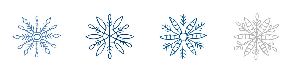 A set of hand-drawn snowflakes. Vector illustration in doodle style. Winter mood. Hello 2023. Merry Christmas and Happy New Year. Blue and gray elements on a white background.