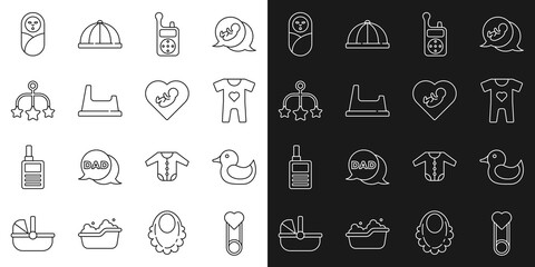 Set line Baby clothes pin, Rubber duck, Monitor Walkie Talkie, potty, crib hanging toys, Newborn baby infant swaddled and inside heart icon. Vector