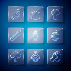 Set line Broccoli, Onion, Cherry, Mushroom, Pineapple, Fresh cucumber, and Watermelon icon. Vector